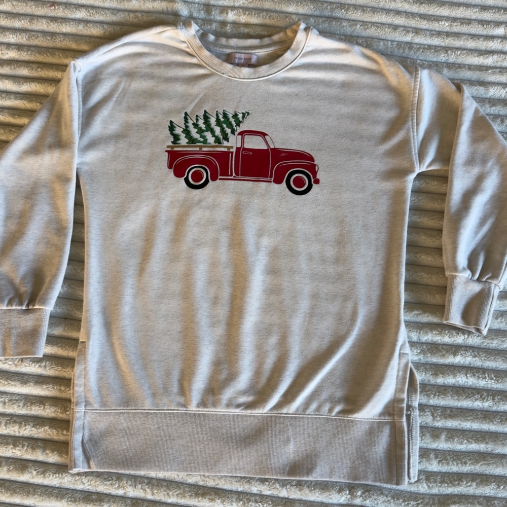 Teddi Gray Crewneck Sweater with Red Truck Design
